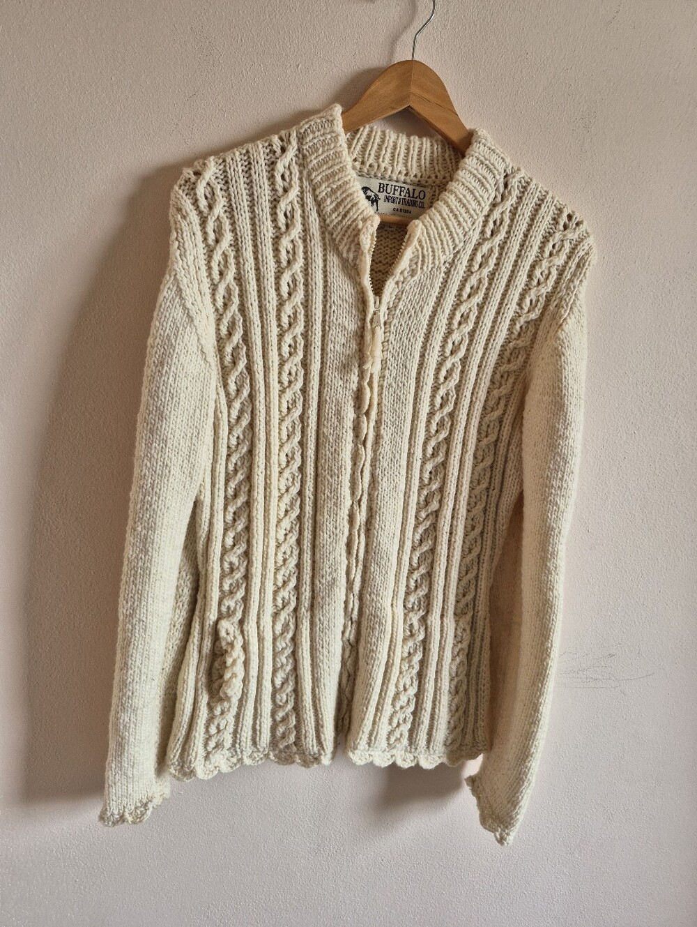 Vintage Wool Zip Up Sweater Cable Knit With Scalloped Edges